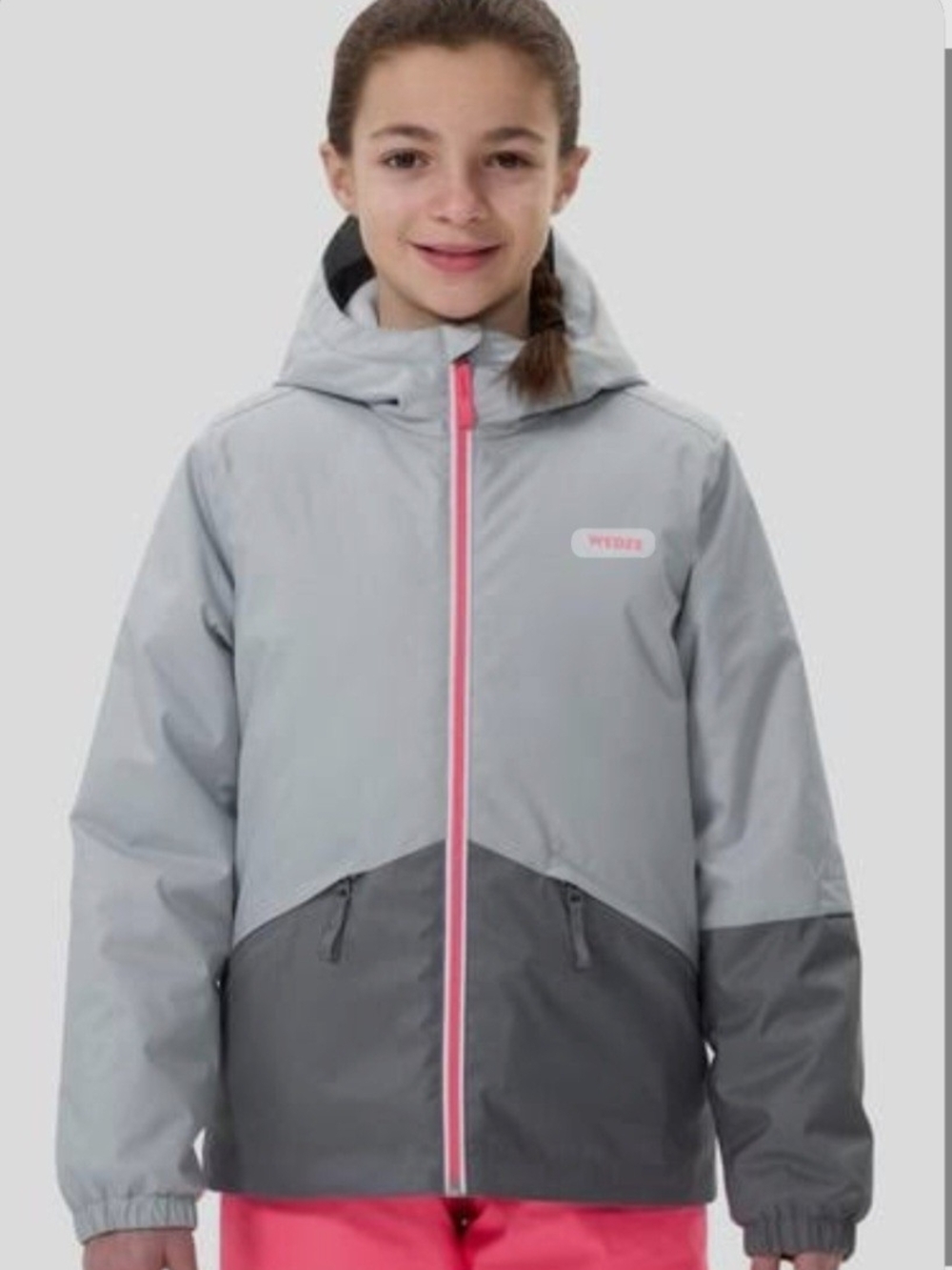 Kids Two-Tone Grey Waterproof Hooded Jacket with Pink Zip